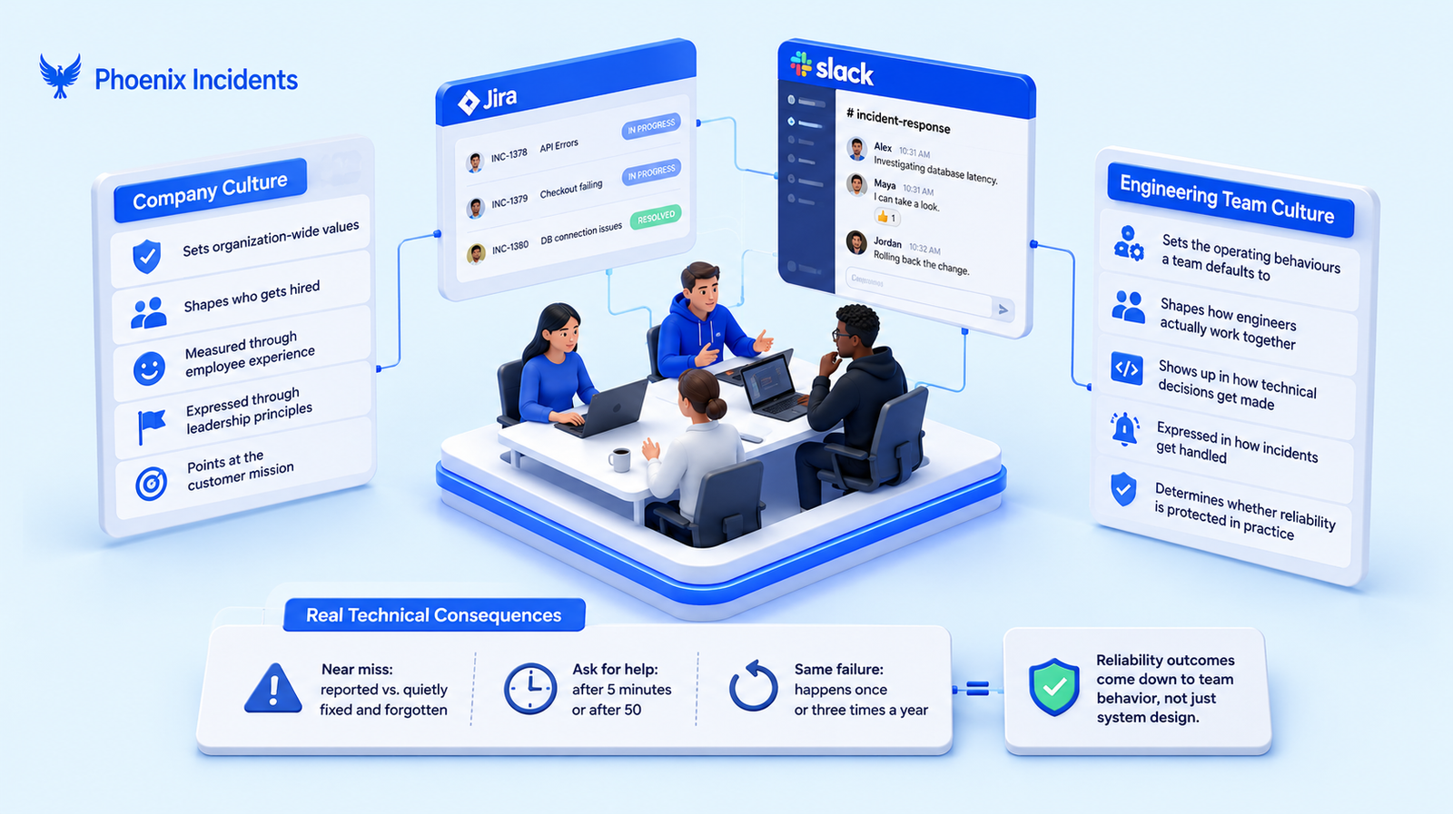 3D isometric illustration comparing company culture and engineering team culture, showing engineers collaborating through Jira and Slack workflows to improve incident response and reliability.