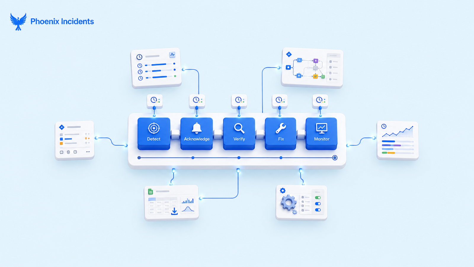 3D isometric illustration of a Jira incident workflow connected to timestamp, analytics, export, and configuration systems, highlighting the complexity of lifecycle tracking.