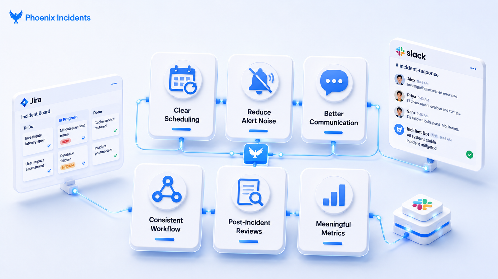 Isometric graphic showing the six on-call best practices for engineering teams, clear scheduling, reduced alert noise, better communication, a consistent workflow, post-incident reviews, and meaningful metrics, as connected cards with Jira and Slack panels.