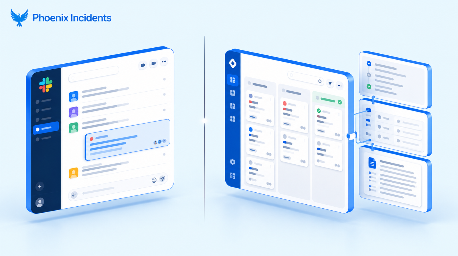 Comparison illustration showing a Slack-style chat interface beside a Jira-style incident management workspace with connected workflow panels, representing chat-first versus Jira-native incident management.