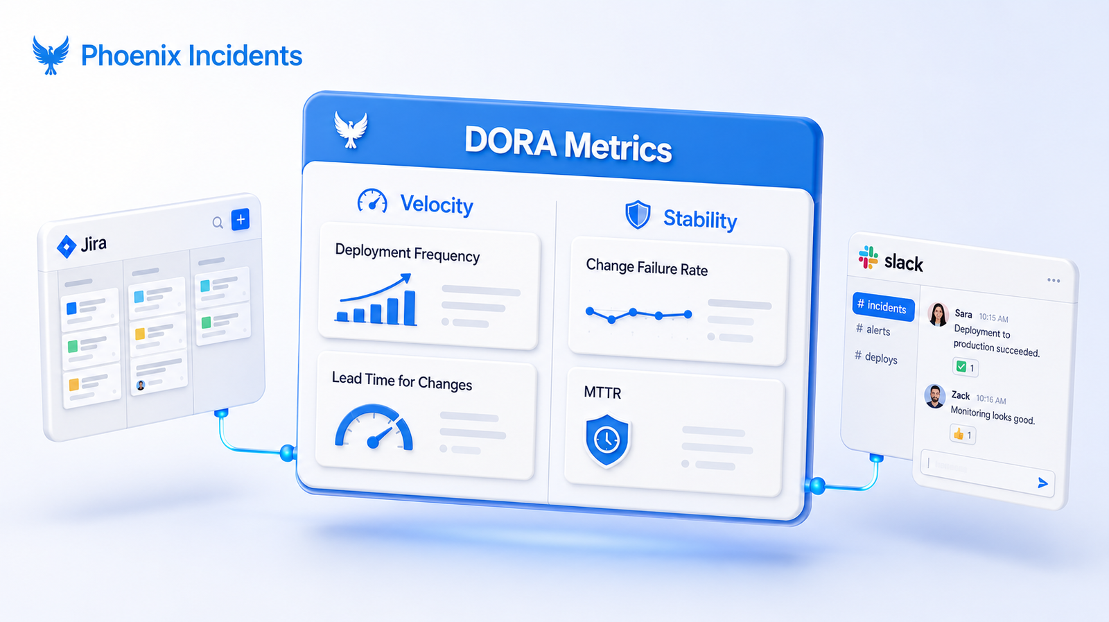Isometric "DORA Metrics" dashboard showing the four keys split into velocity (deployment frequency, lead time for changes) and stability (change failure rate, MTTR) for balancing delivery speed and system reliability.