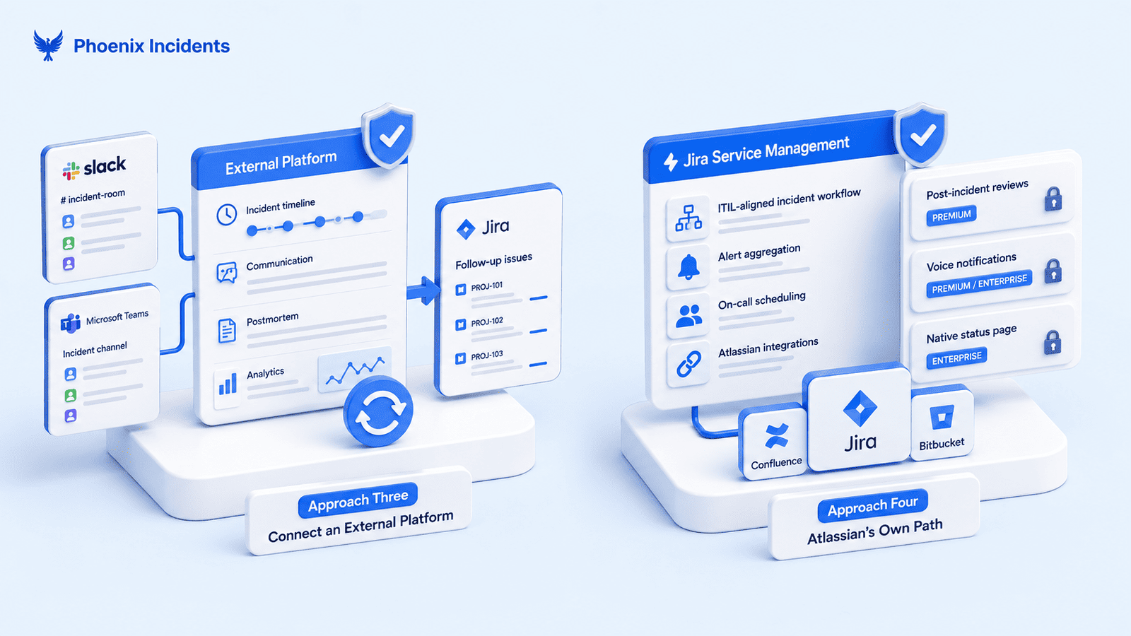 Comparison of external incident platforms with Atlassian’s Jira Service Management path.