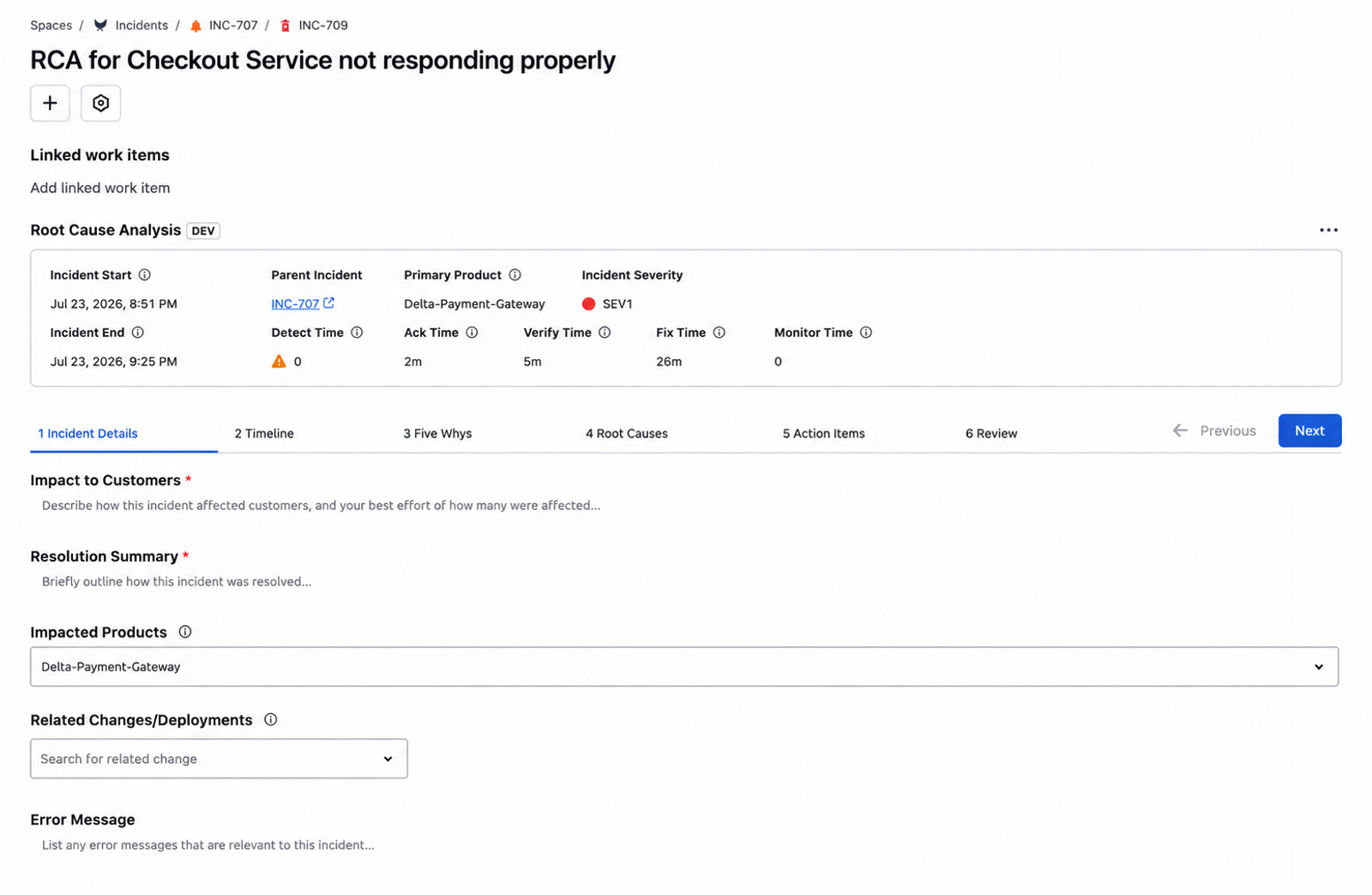 Phoenix Incidents RCA in Jira showing six guided steps, Incident Details, Timeline, Five Whys, Root Causes, Action Items, and Review, with stage timings for detect, ack, verify, fix, and monitor above