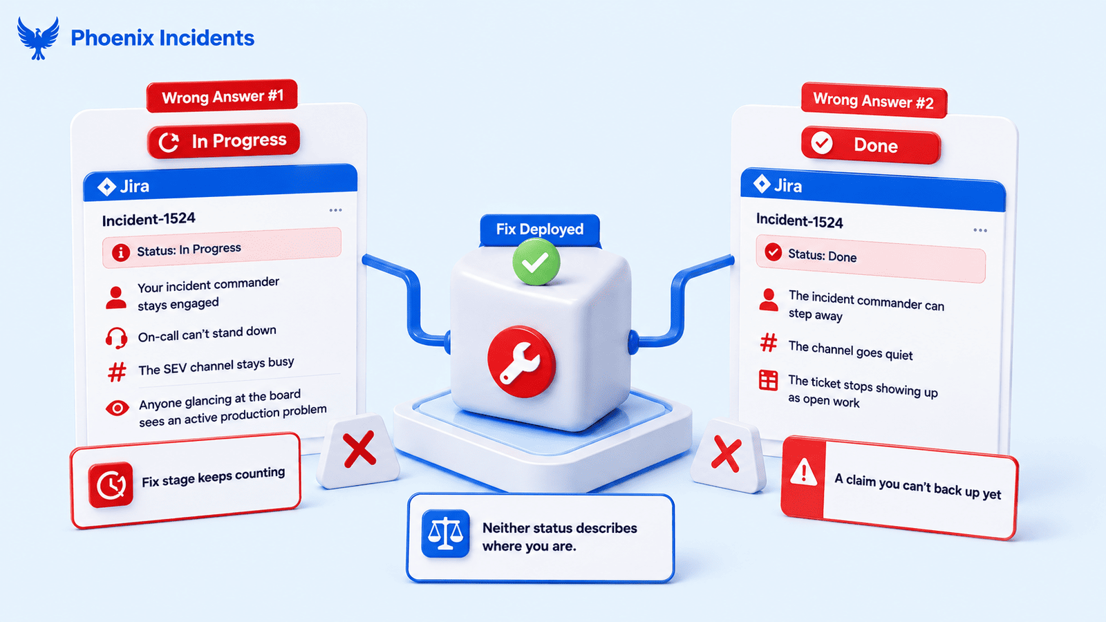 Jira shows two wrong statuses after a fix: “In Progress” or “Done,” neither reflecting the monitoring stage.