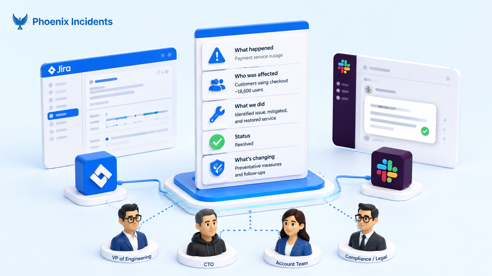 3D isometric illustration showing an incident executive summary connecting Jira, Slack, and key stakeholders.