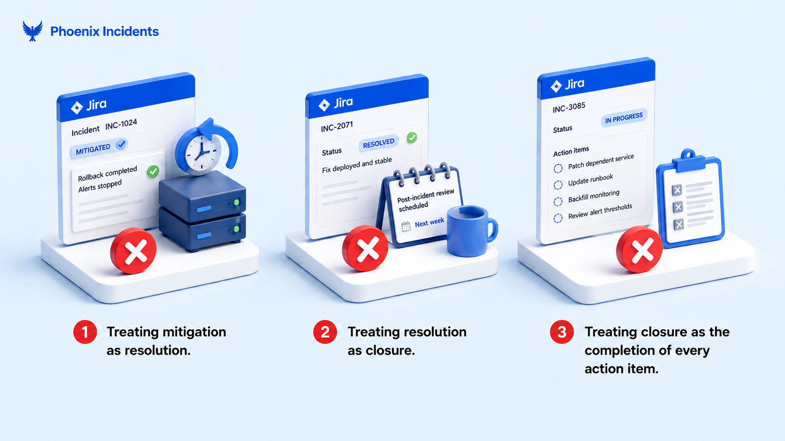 Three incident-management mistakes shown in Jira-style panels, each marked with a red X.