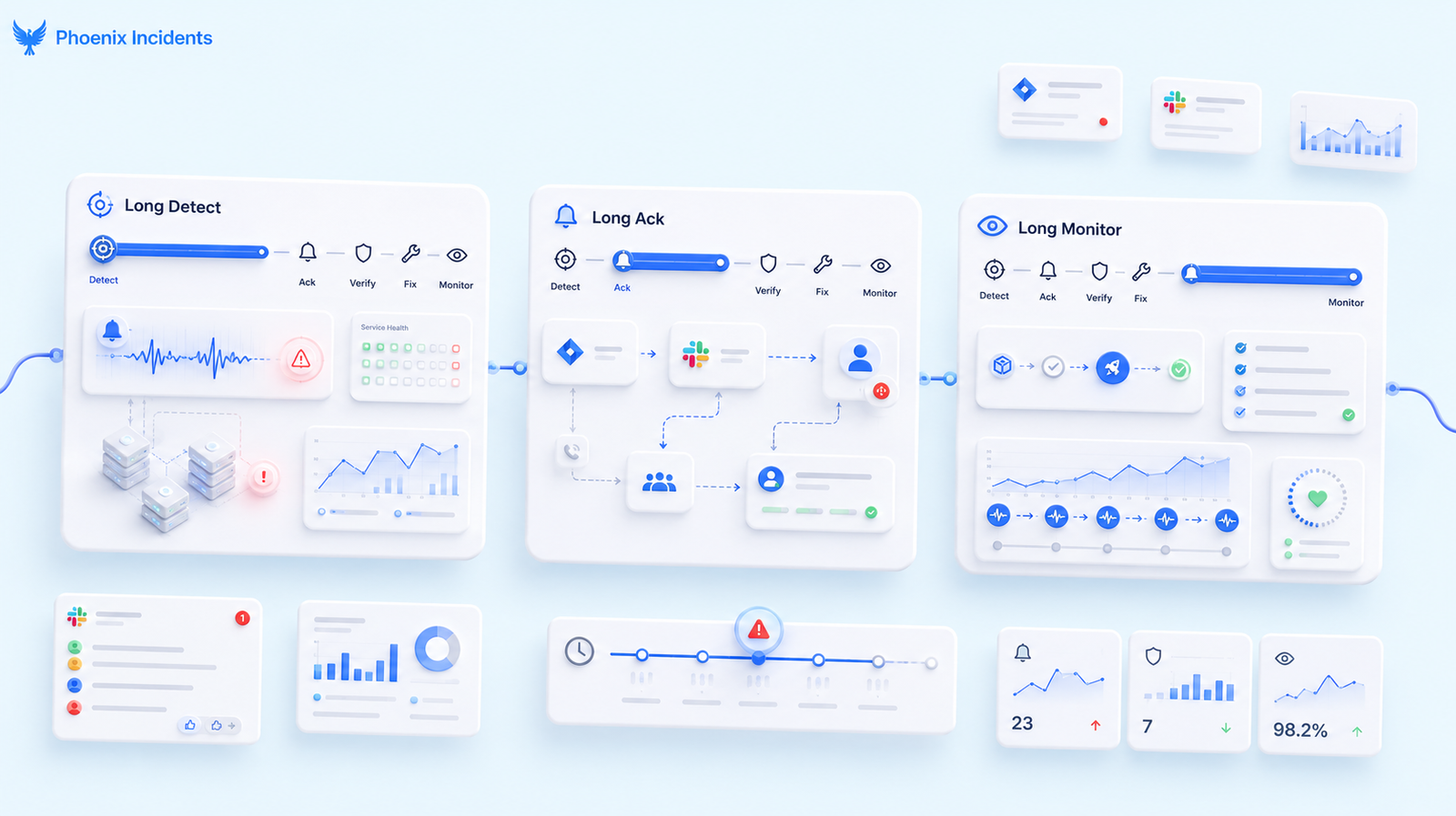 Three isometric SaaS dashboard cards compare incident lifecycle bottlenecks — Long Detect, Long Ack, and Long Monitor — with connected analytics panels, monitoring, alerts, and workflow visualizations.