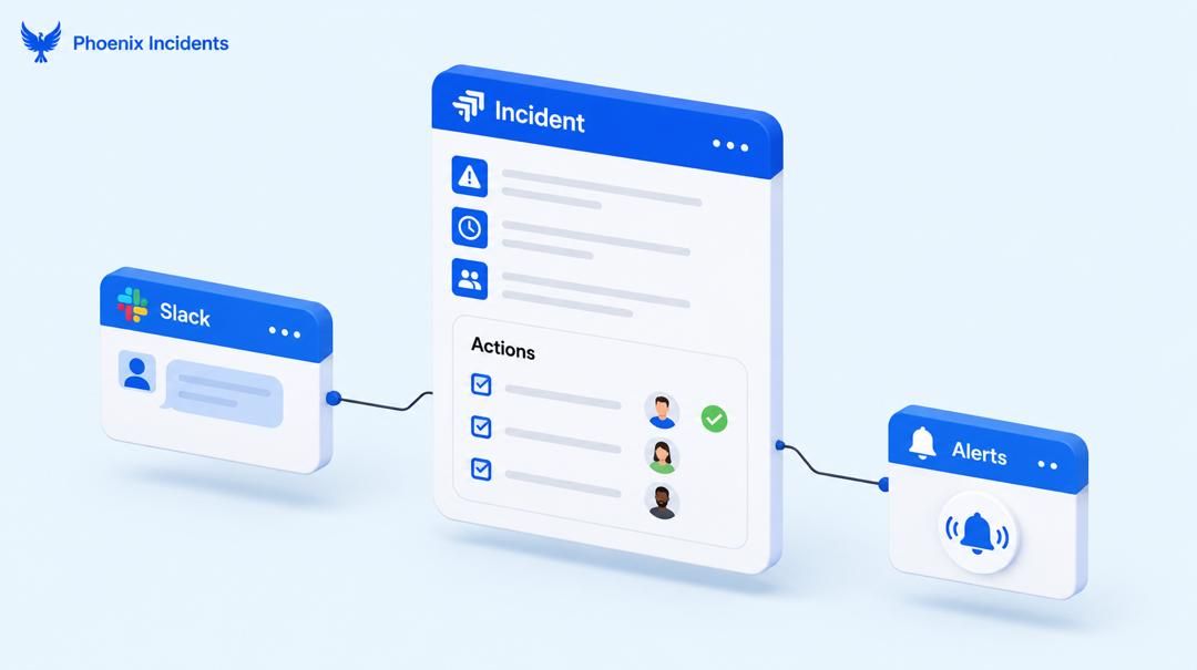 Incident ticket connected to Slack messages and alert notifications.