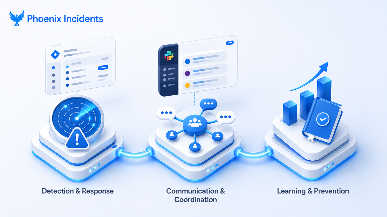Diagram of the three dimensions of engineering resilience: detection and response, communication and coordination, and learning and prevention, connected as one workflow