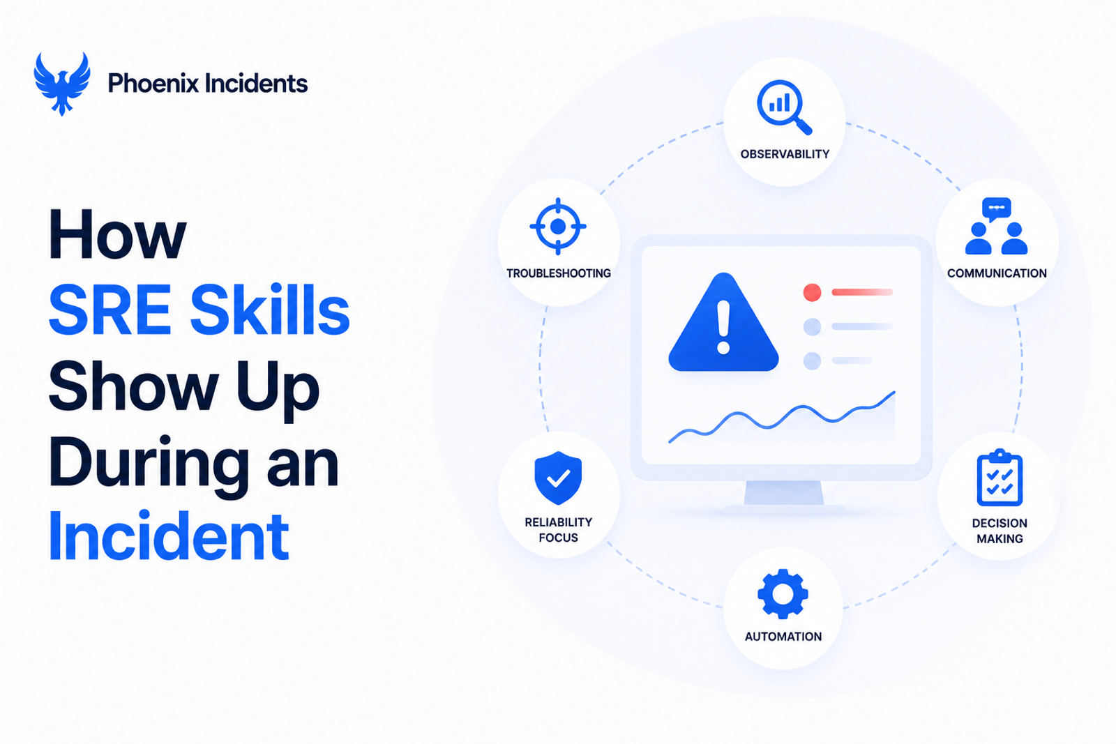  Isometric illustration of the five-phase incident response flow, Detect, Diagnose, Coordinate, Recover, and Learn, connected in sequence with Jira and Slack panels, showing how SRE skills work together during an incident.