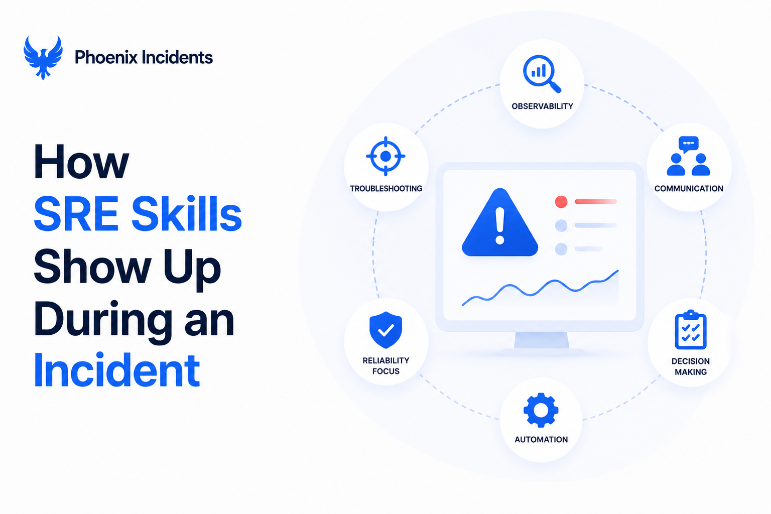 Isometric illustration of the five-phase incident response flow, Detect, Diagnose, Coordinate, Recover, and Learn, connected in sequence with Jira and Slack panels, showing how SRE skills work together during an incident.