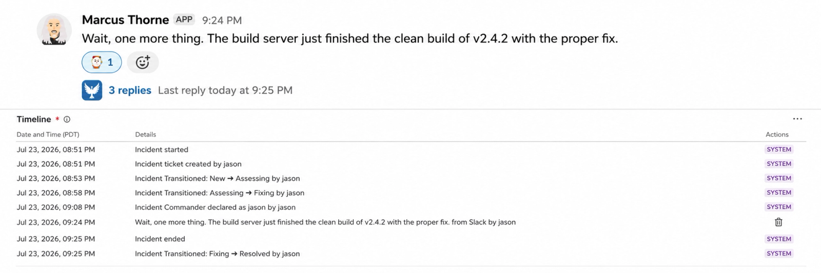 Slack message tagged with a watch emoji reaction, shown alongside the Phoenix incident timeline in Jira where that message appears as a 9:24 PM entry among automatic system entries