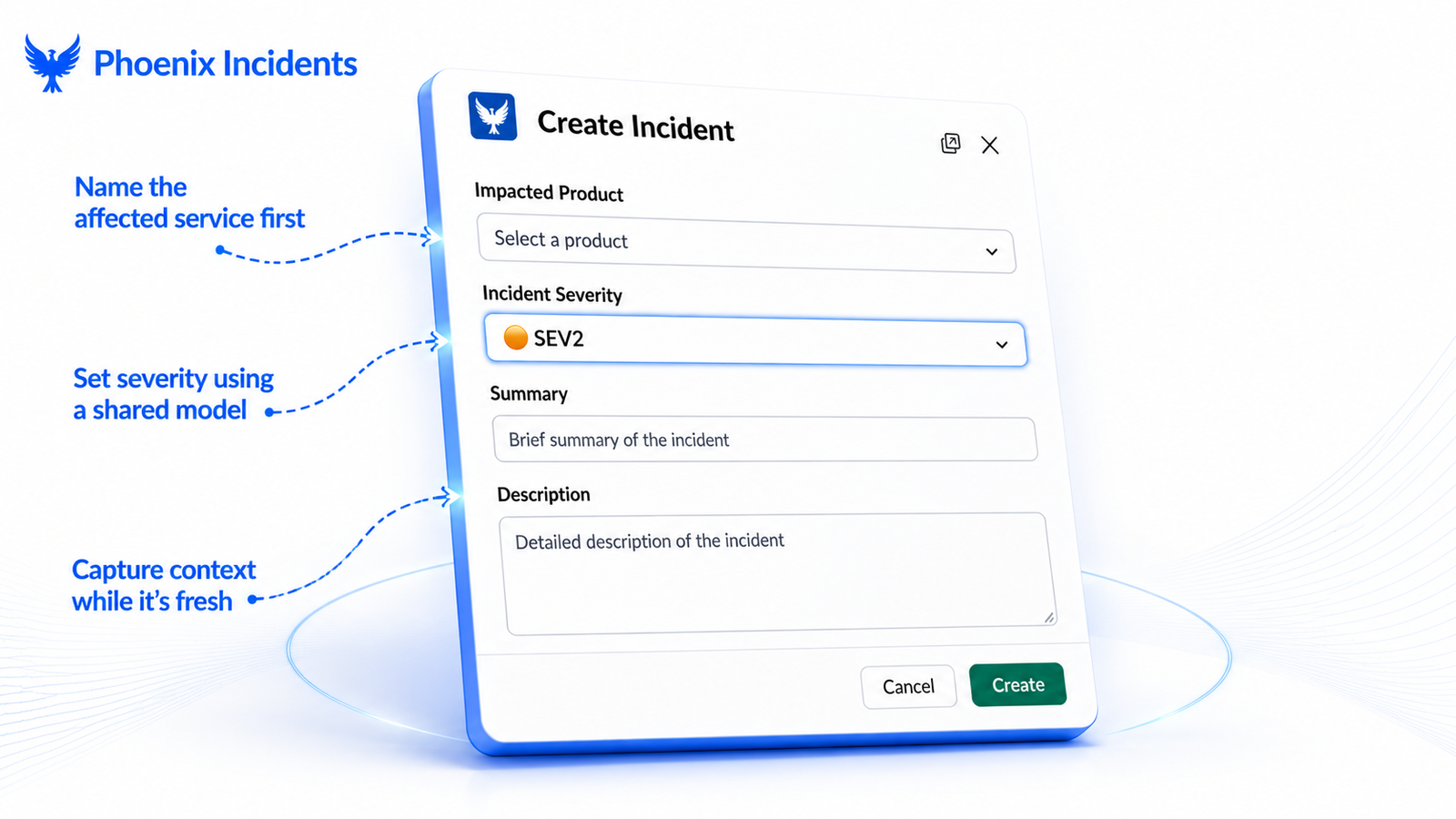 Jira incident management Create Incident modal in Slack with severity set to SEV2.