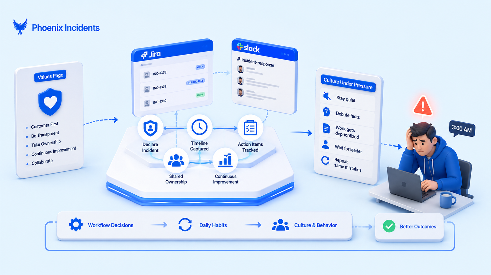 3D isometric illustration showing how everyday engineering workflows and incident response habits shape team culture more than company values.