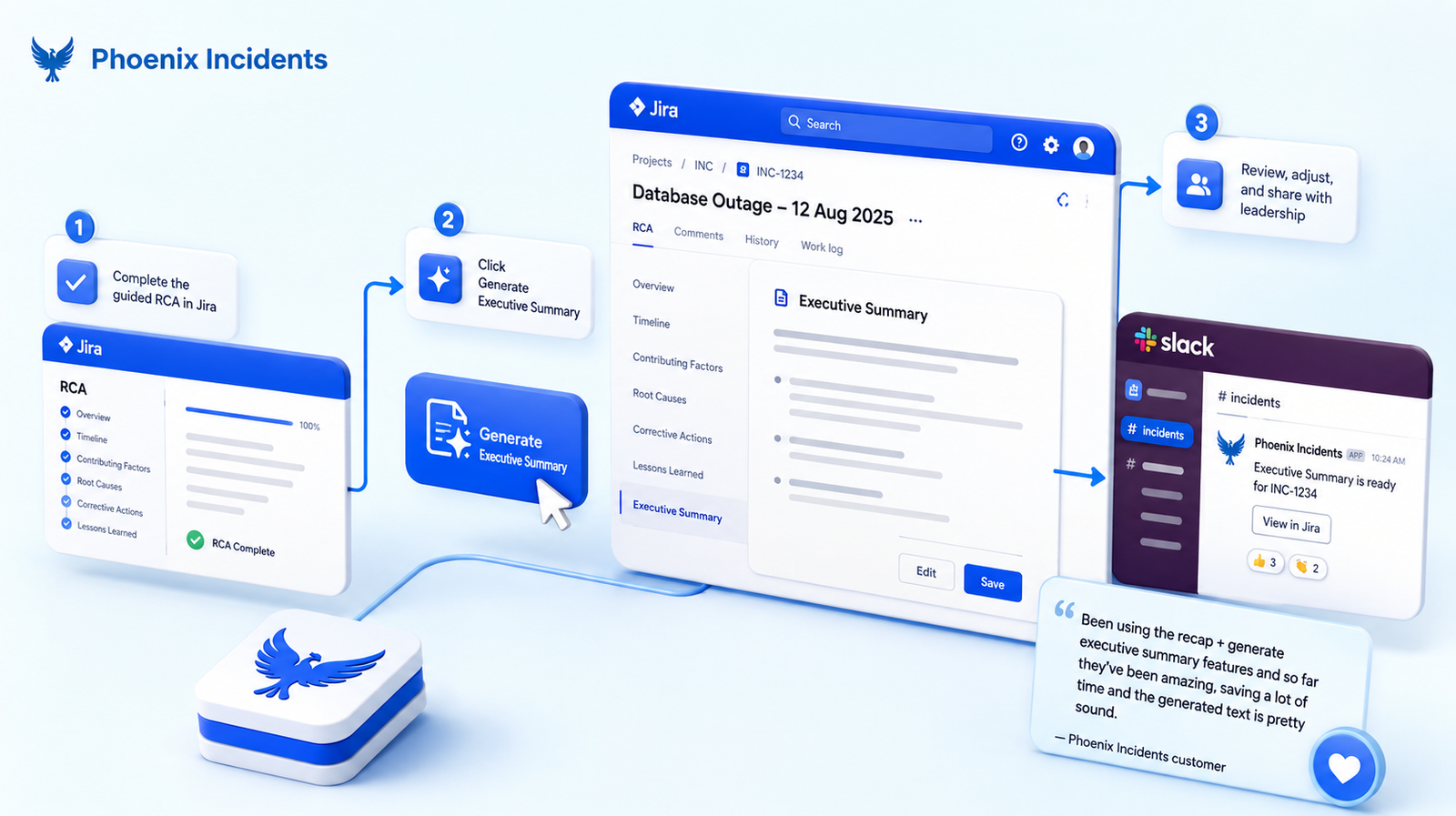 Isometric illustration showing an RCA workflow in Jira, from completion and executive summary generation to review and sharing via Slack.