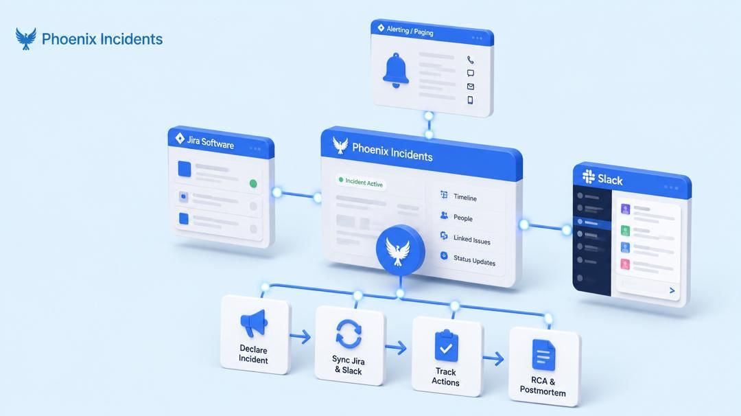 3D isometric illustration of Phoenix Incidents coordinating alerting, Jira, and Slack through a unified incident workflow from declaration to postmortem.