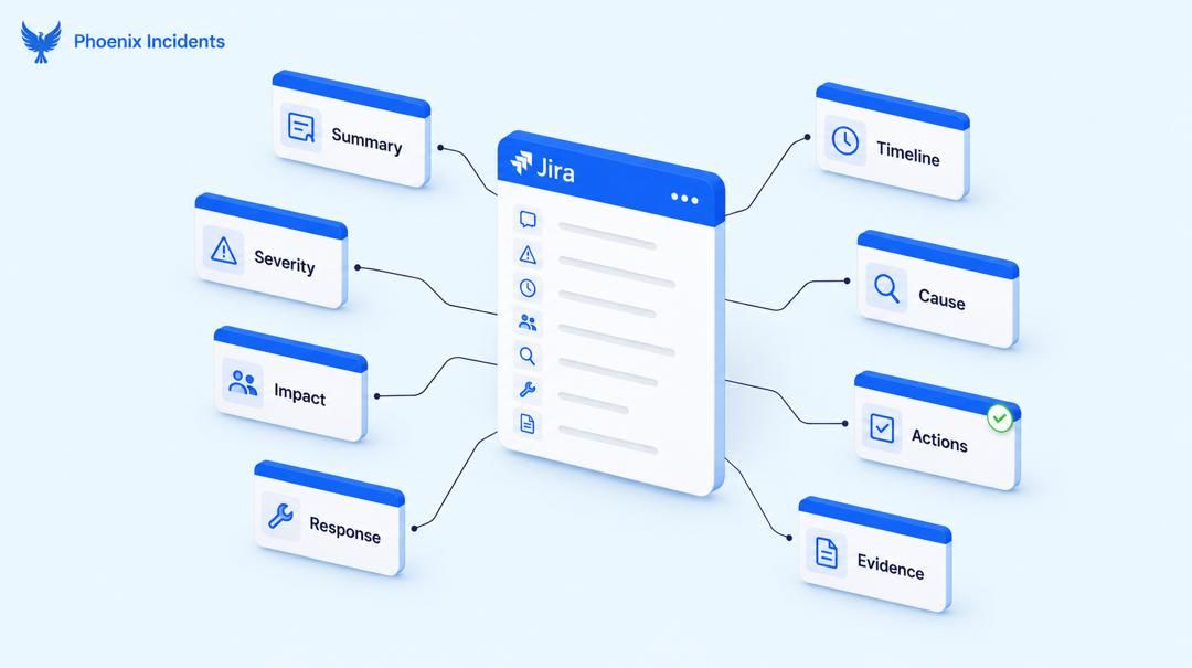 Incident report structure with key fields connected to a Jira ticket.