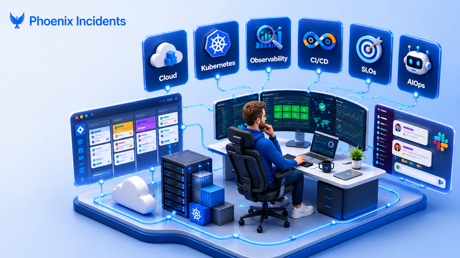 Isometric illustration of a site reliability engineer surrounded by floating cards labeled Cloud, Kubernetes, Observability, CI/CD, SLOs, and AIOps, with Jira and Slack panels, representing essential SRE skills.