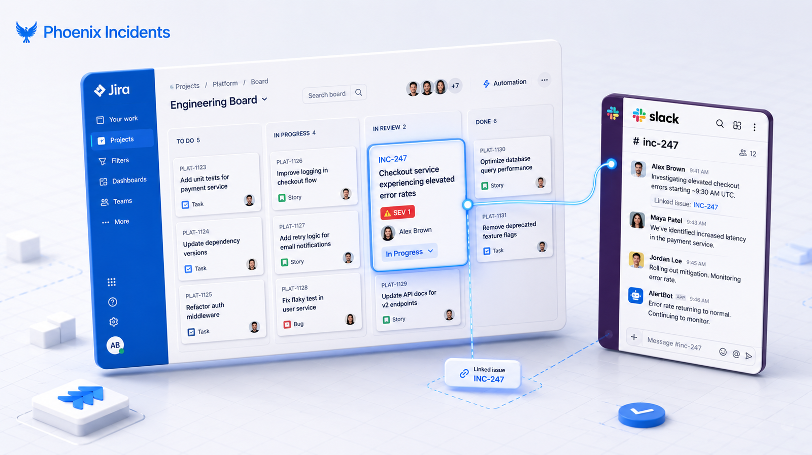 3D isometric illustration showing an incident card highlighted among bugs, stories, and tasks on a Jira board, linked to a Slack channel, representing how building an incident command system inside Jira keeps context connected.