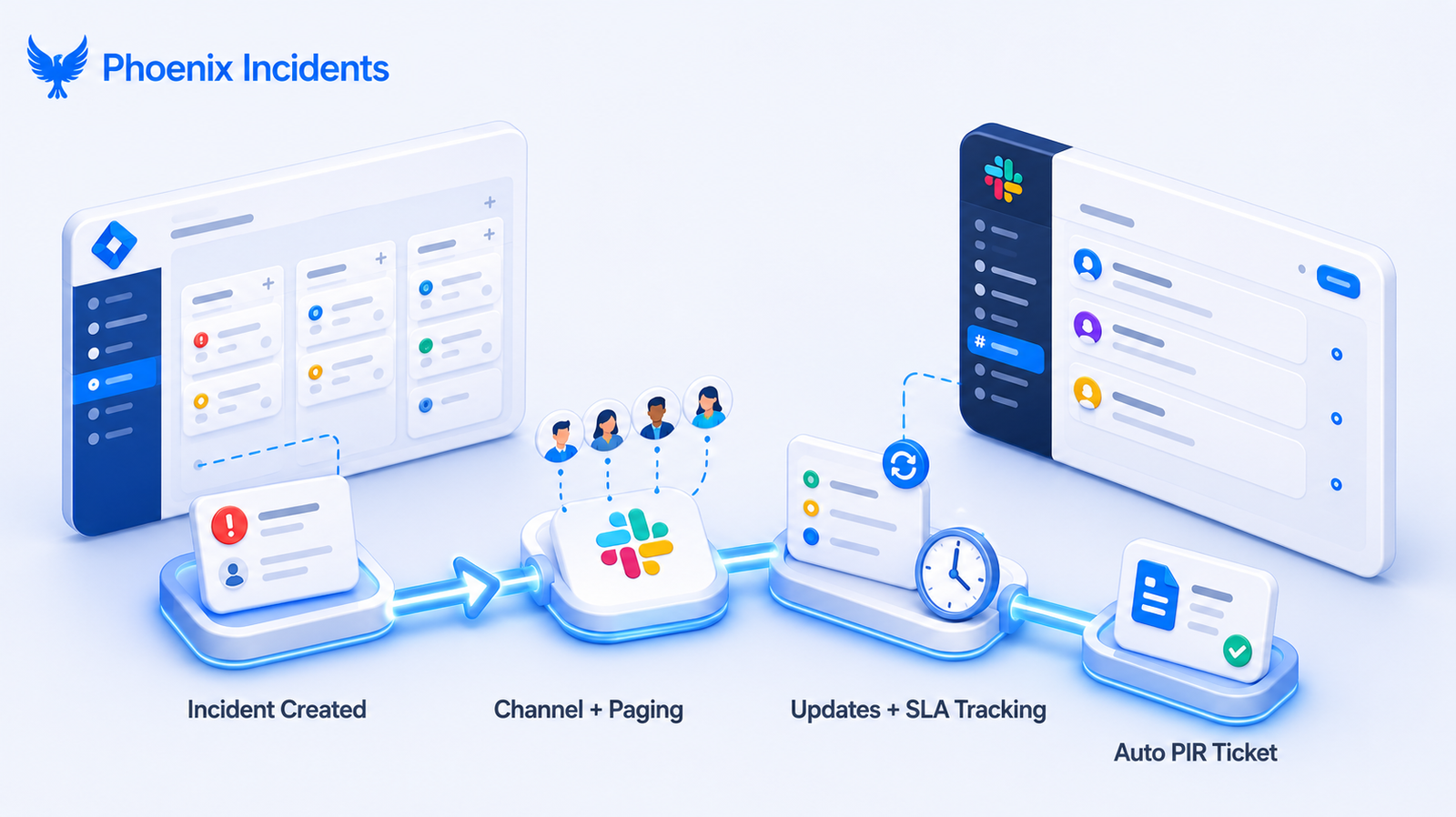 Isometric illustration of an integrated incident workflow connecting Jira and Slack, showing an incident ticket, an auto-created Slack channel, SLA tracking, and an automatically generated post-incident review.