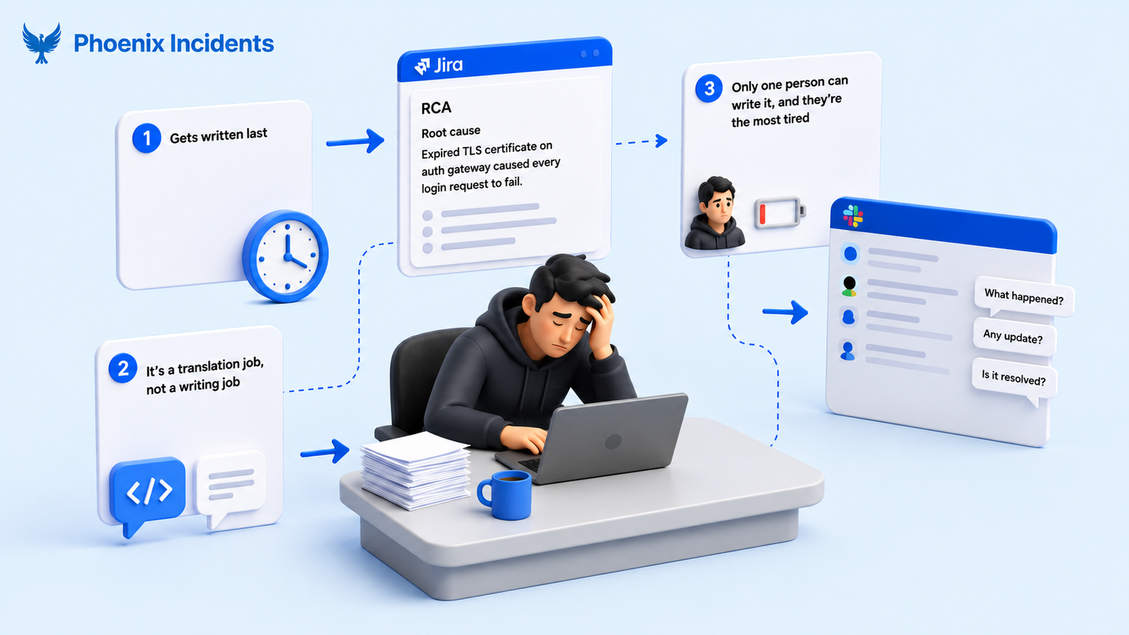 3D illustration of an exhausted engineer showing why incident executive summaries get delayed.