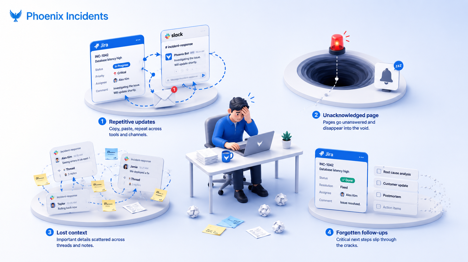 Isometric 3D graphic showing the four manual coordination burdens in Jira incident response: copy-pasting status across tools, chasing unacknowledged pages, hunting scattered context, and forgotten follow-up tasks