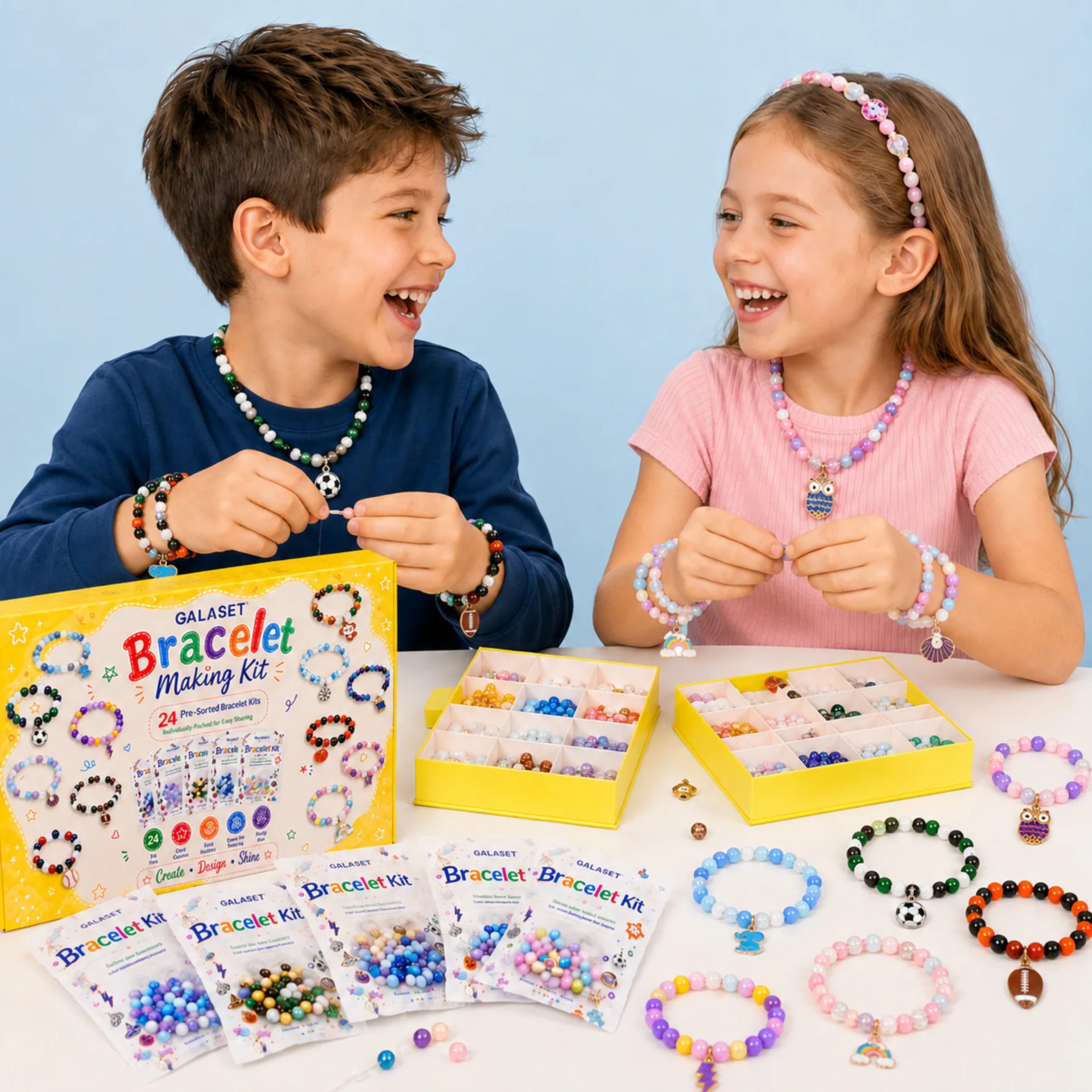 Friends sharing a GALASET bracelet-making kit
