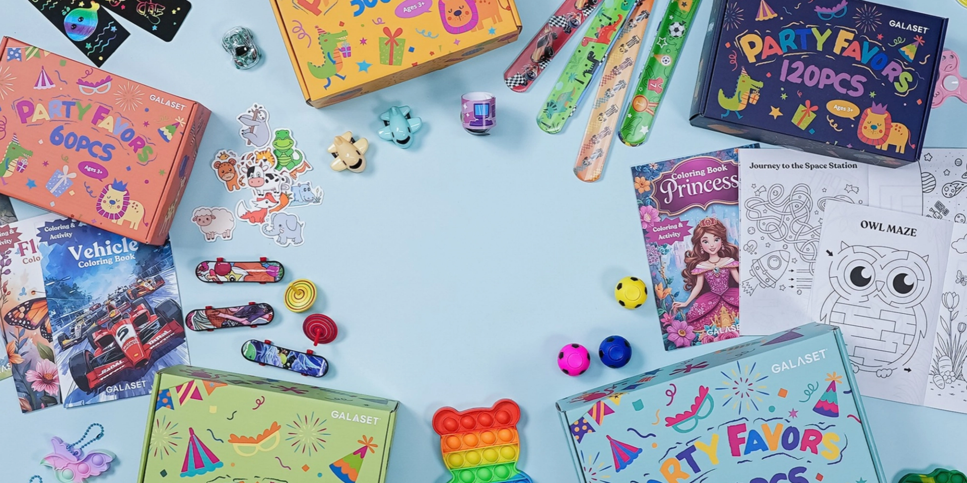 GALASET party favor sets with colorful toys and activity kits.