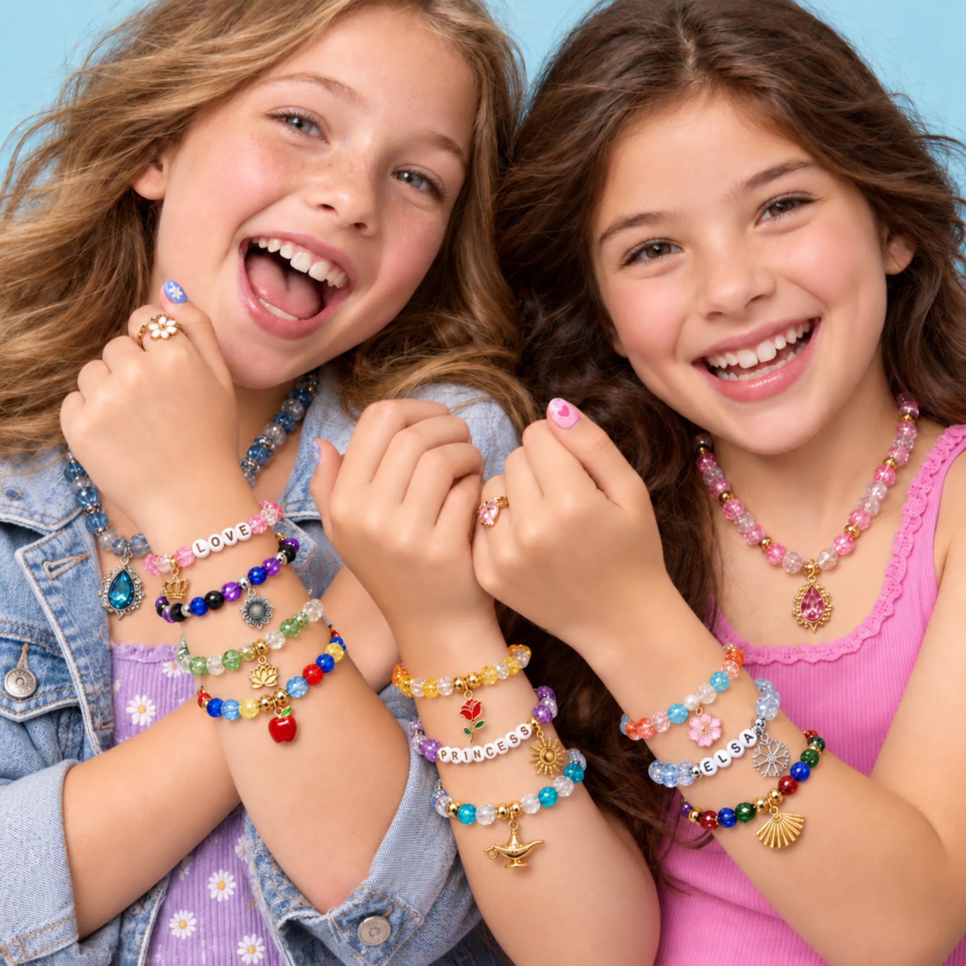 Two friends laughing and wearing GALASET bracelets