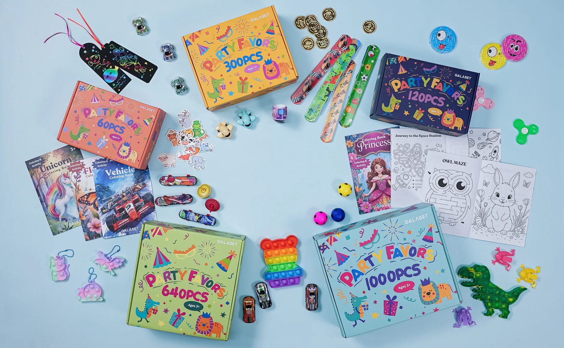 A full spread of colorful GALASET party favors