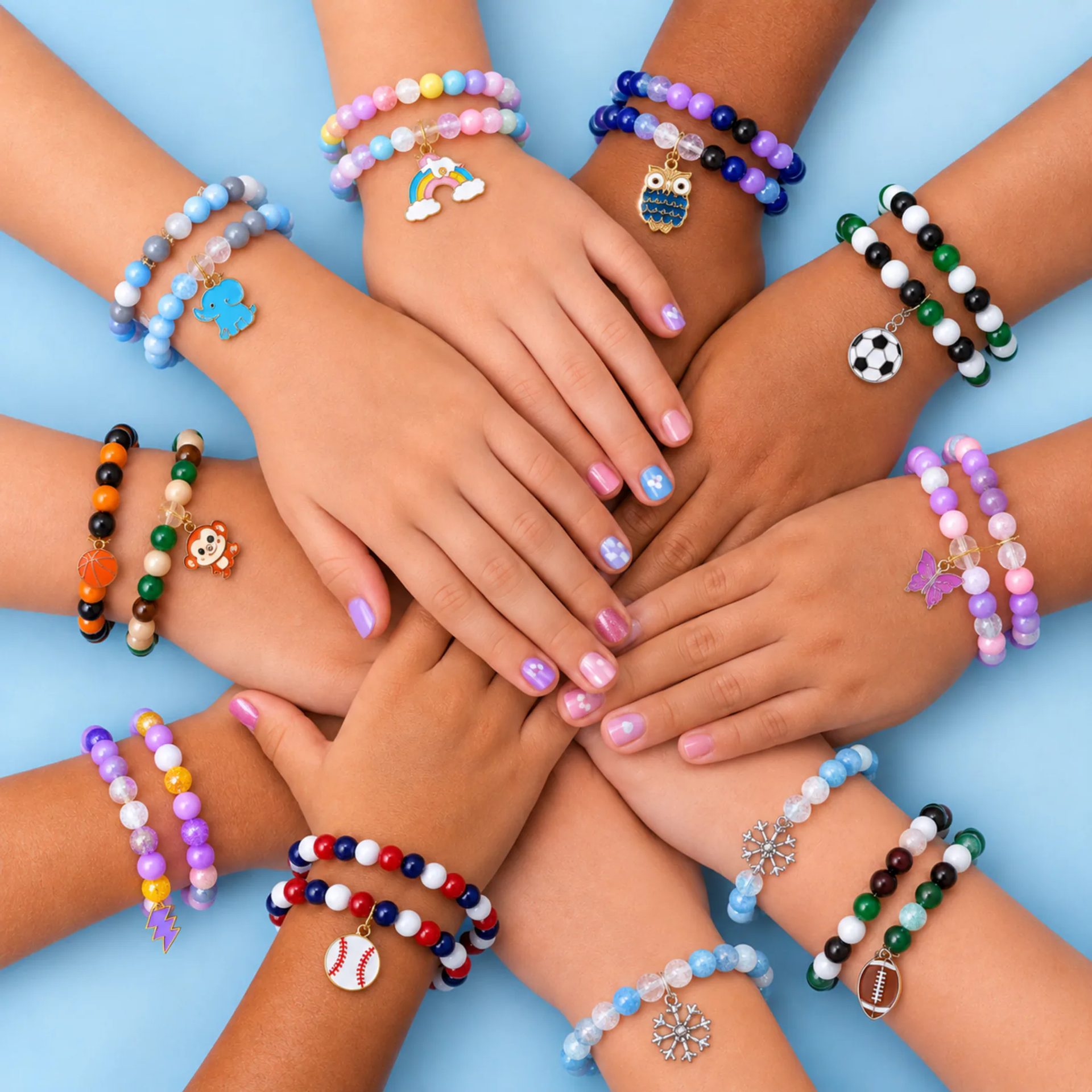 Colorful GALASET bracelets on the hands of friends