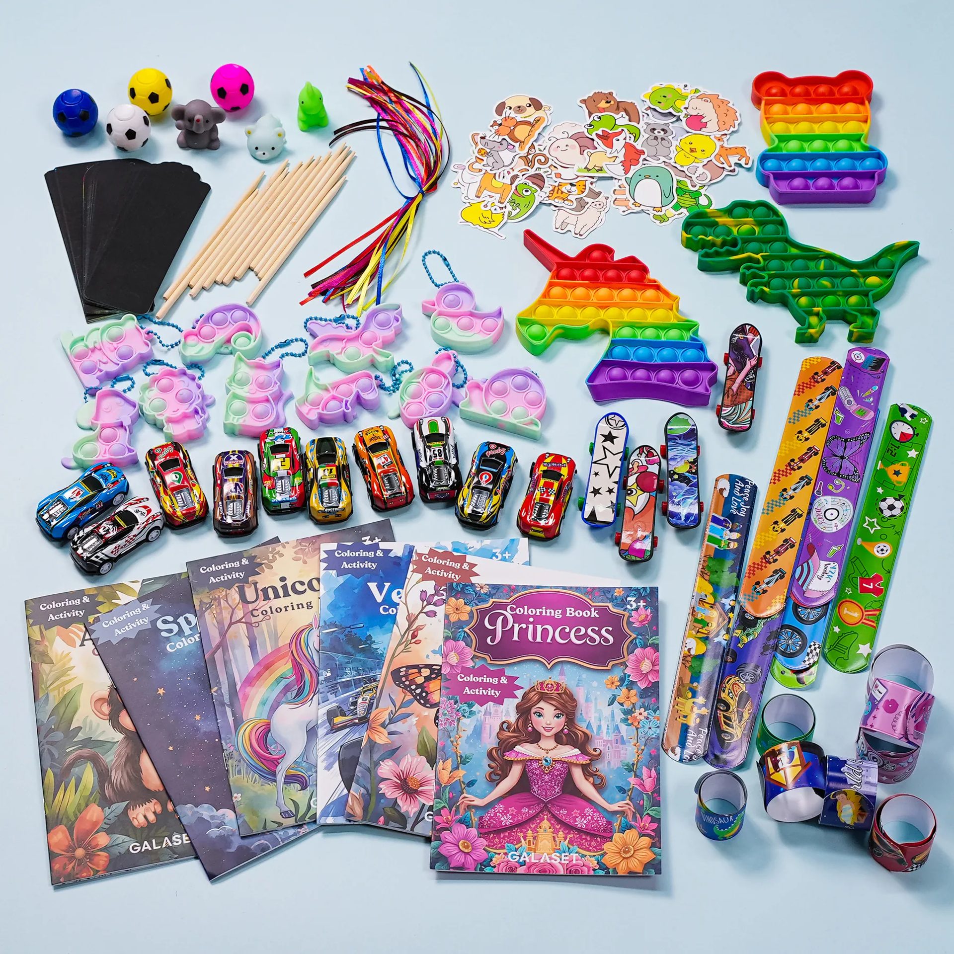 A colorful flat lay of GALASET creative supplies and toys