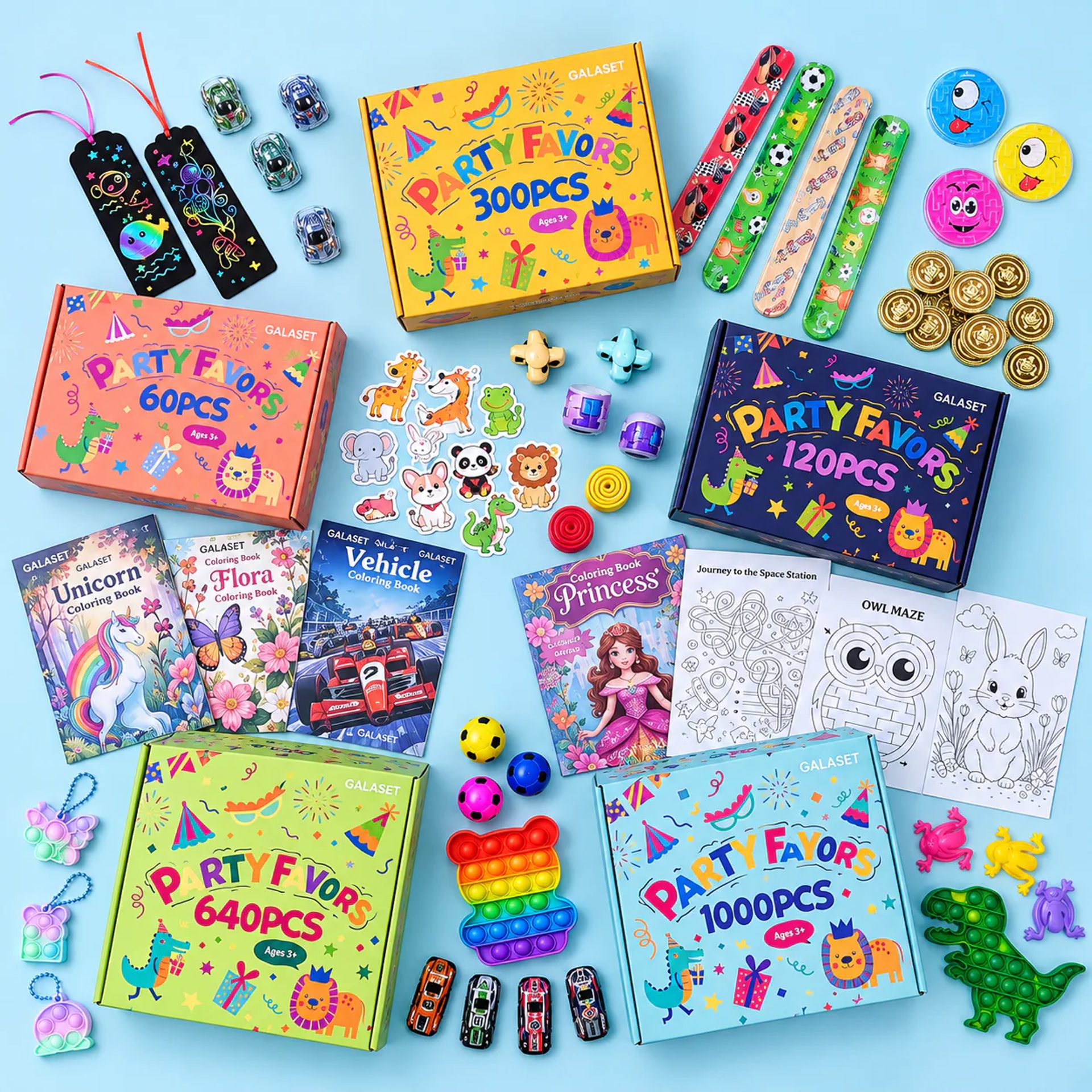 A colorful collection of GALASET party favors