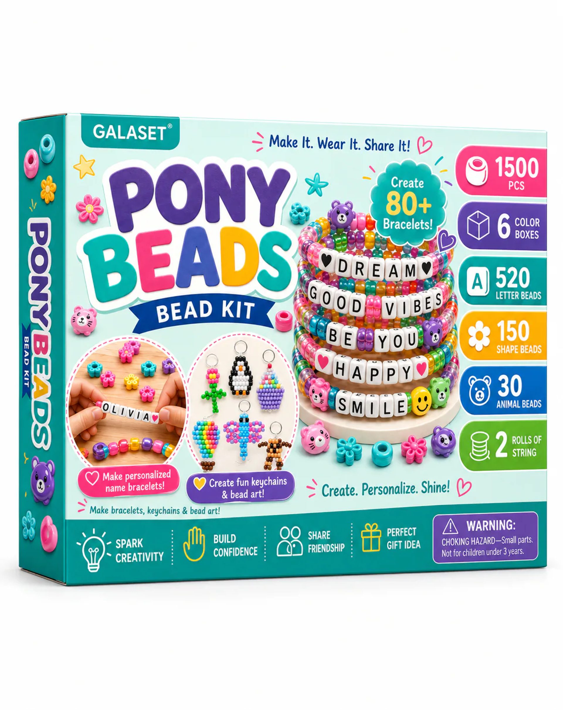 GALASET pony beads kit with beads, cords, and finished crafts