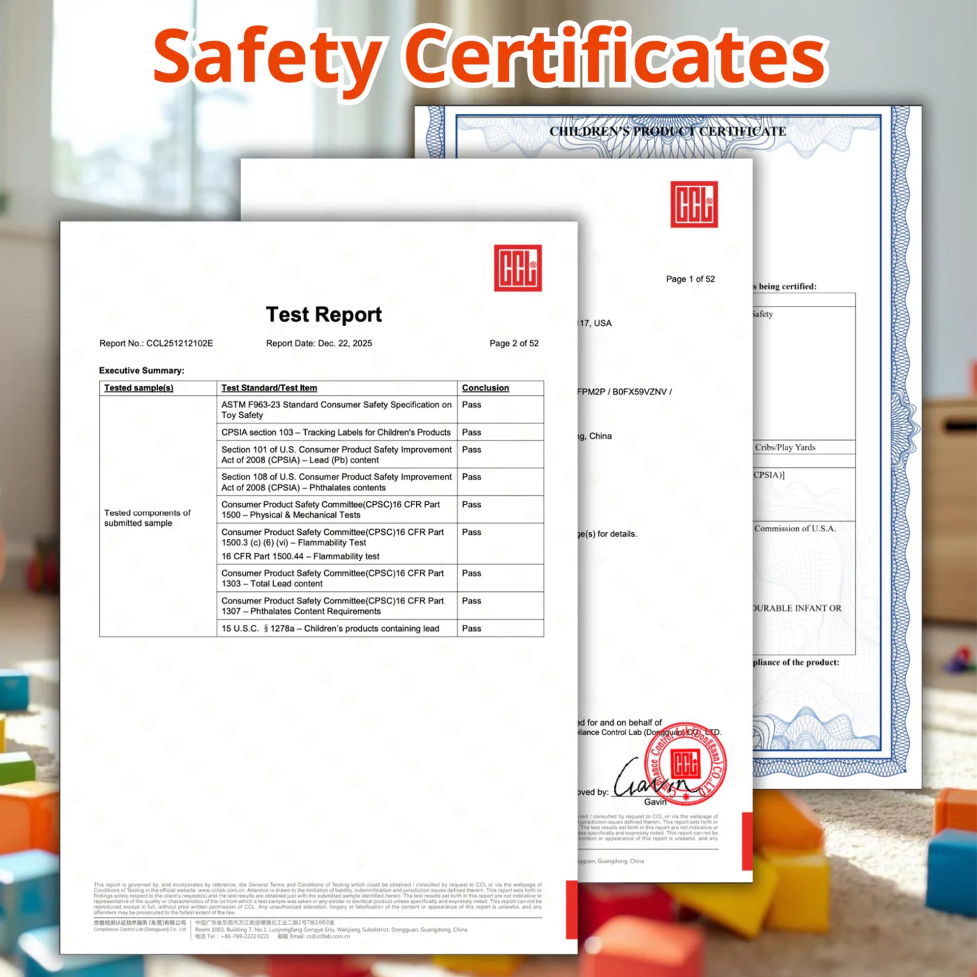 GALASET product safety testing certificates beside a party favor set