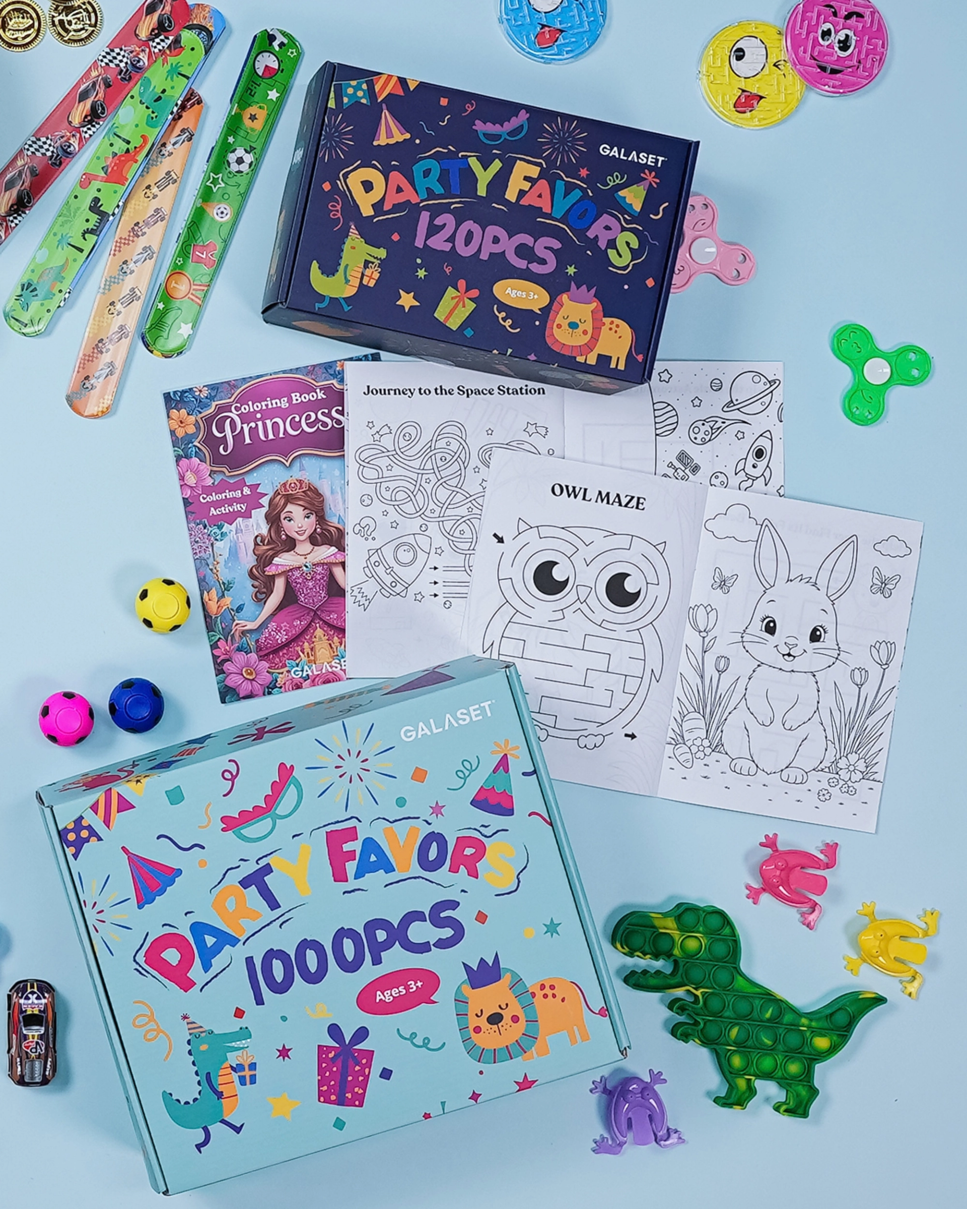 GALASET party favor sets arranged for a celebration