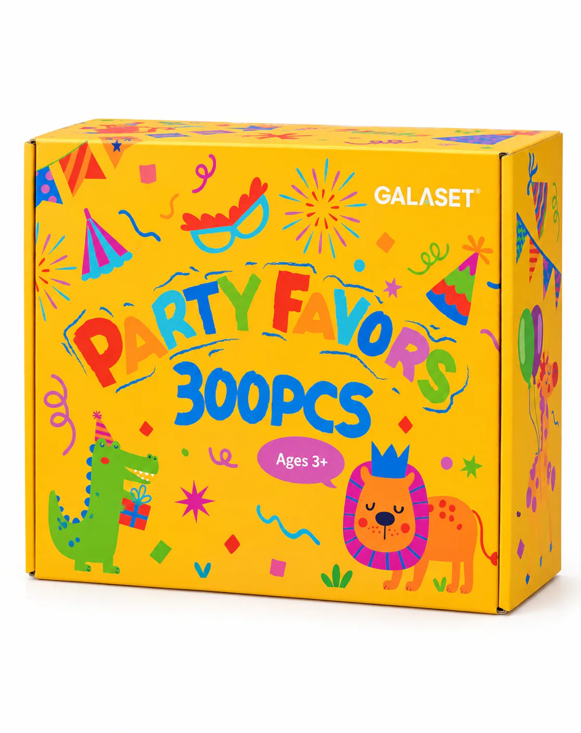 GALASET 300-piece party favor assortment in a yellow box