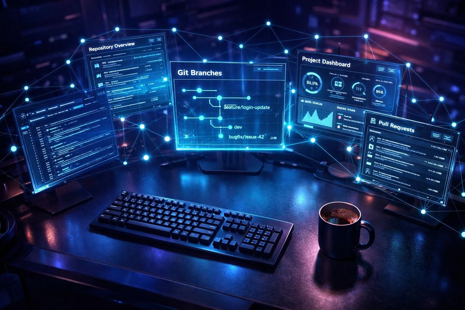 Screens showing repository overview, git branches, project dashboard, and pull requests