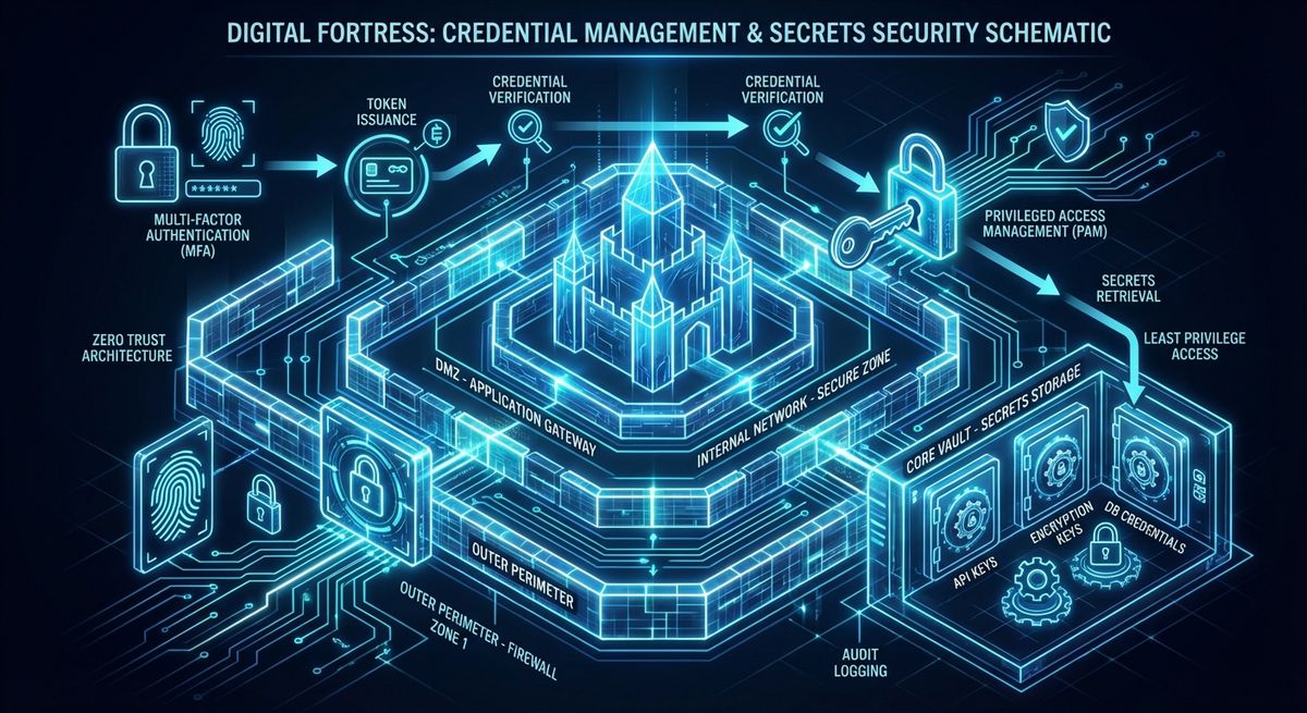 An intricate digital fortress schematic showing the necessary complexity of security and access control.