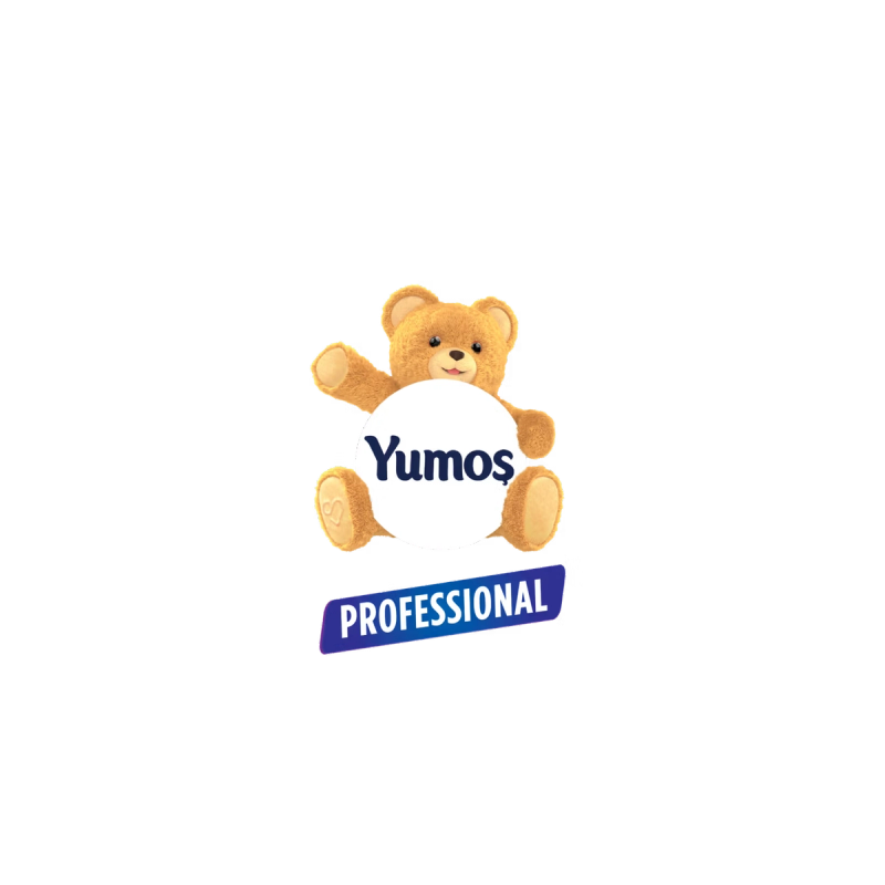 A brown teddy bear holding a white circle with "Yumoş" text, above a blue banner with "PROFESSIONAL".