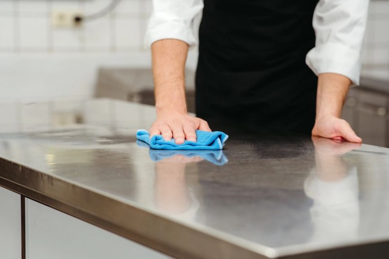 Bir şef, sarı bir bez ve temizleyici ile paslanmaz çelik ticari bir fırını siler.