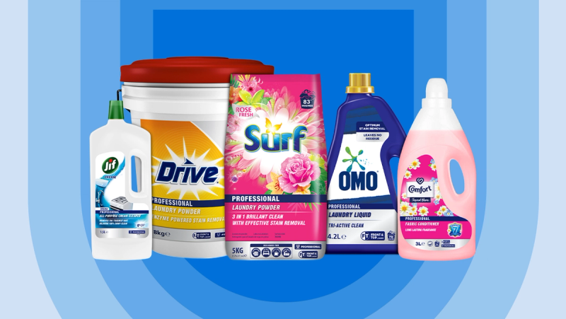 a group of laundry products including jif drive surf omo and comfort