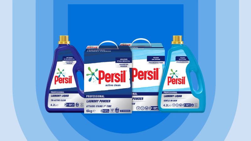a variety of persil laundry products are displayed on a blue background