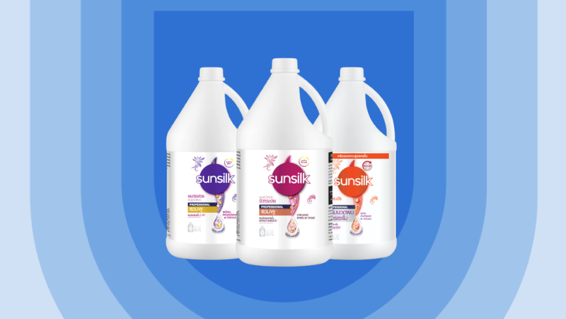 A range of Sunsilk products displayed against an illustrated blue shield background.