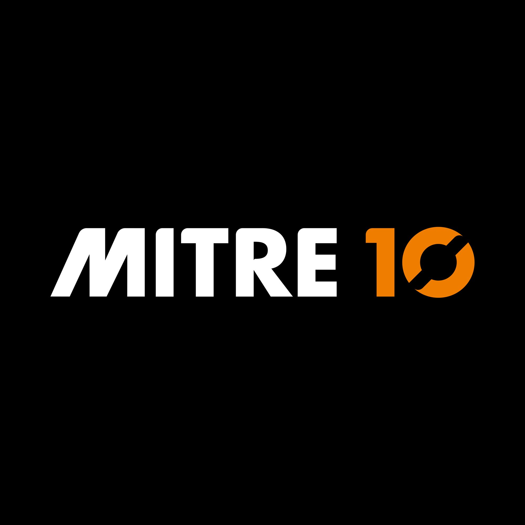 The Mitre 10 brand logo on a black background.
