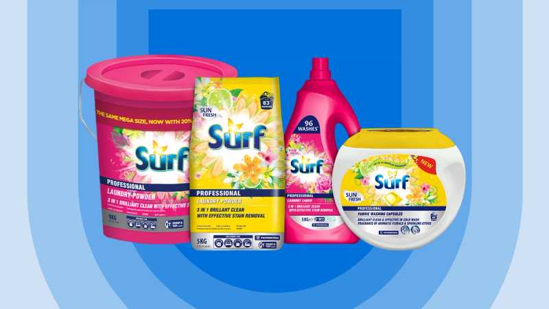 surf laundry products are displayed on a blue and white background