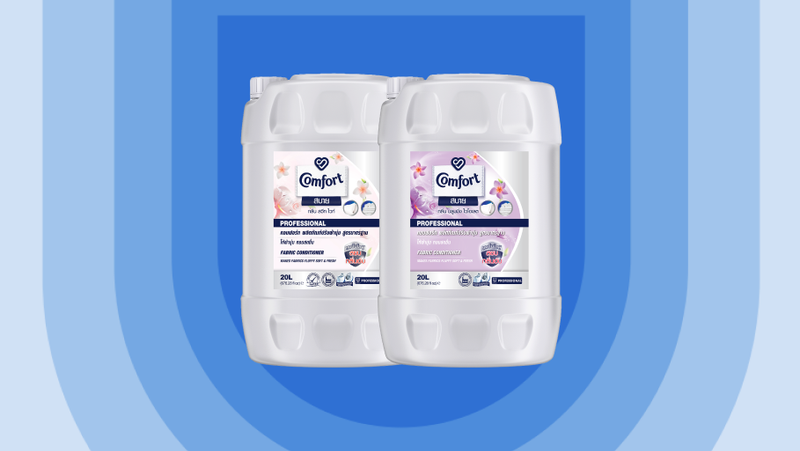 A range of Comfort products displayed against an illustrated blue shield background.