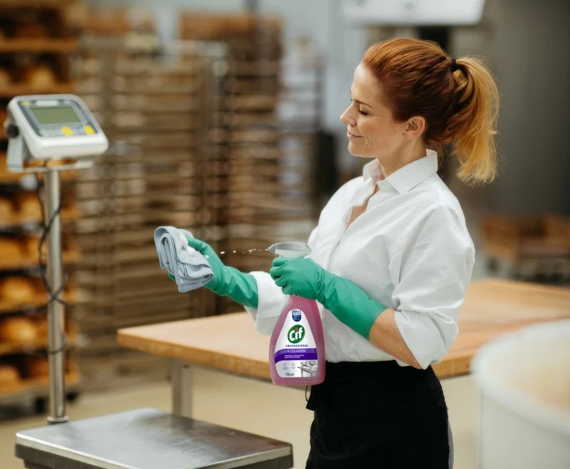 Woman in green gloves sprays Cif Professional cleaner onto a cloth in a bakery setting.