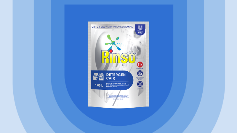 Rinso product displayed against an illustrated blue shield background.