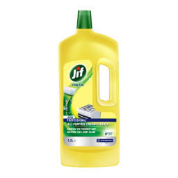 A 1.5L yellow bottle of Jif Cream Lemon Professional All-Purpose Cream Cleaner with a green cap.